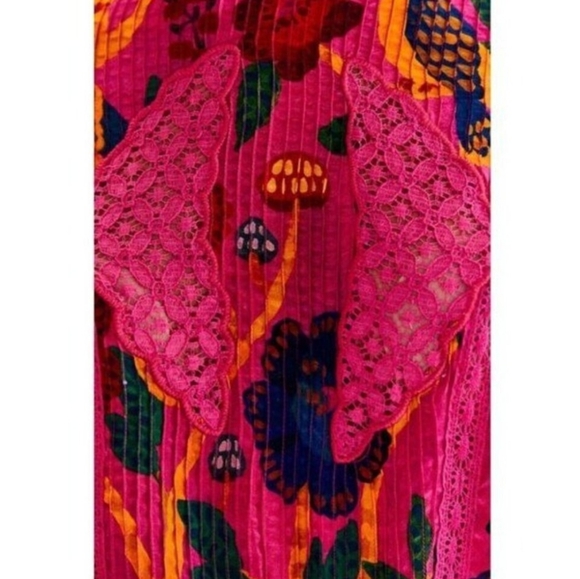 FARM RIO Pink Forest Tropical Boho Bib Front Crochet Detail Top Size Small - Picture 5 of 10